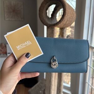 Michael Kors hamilton large Teal Leather Continental Wallet with MK Charm